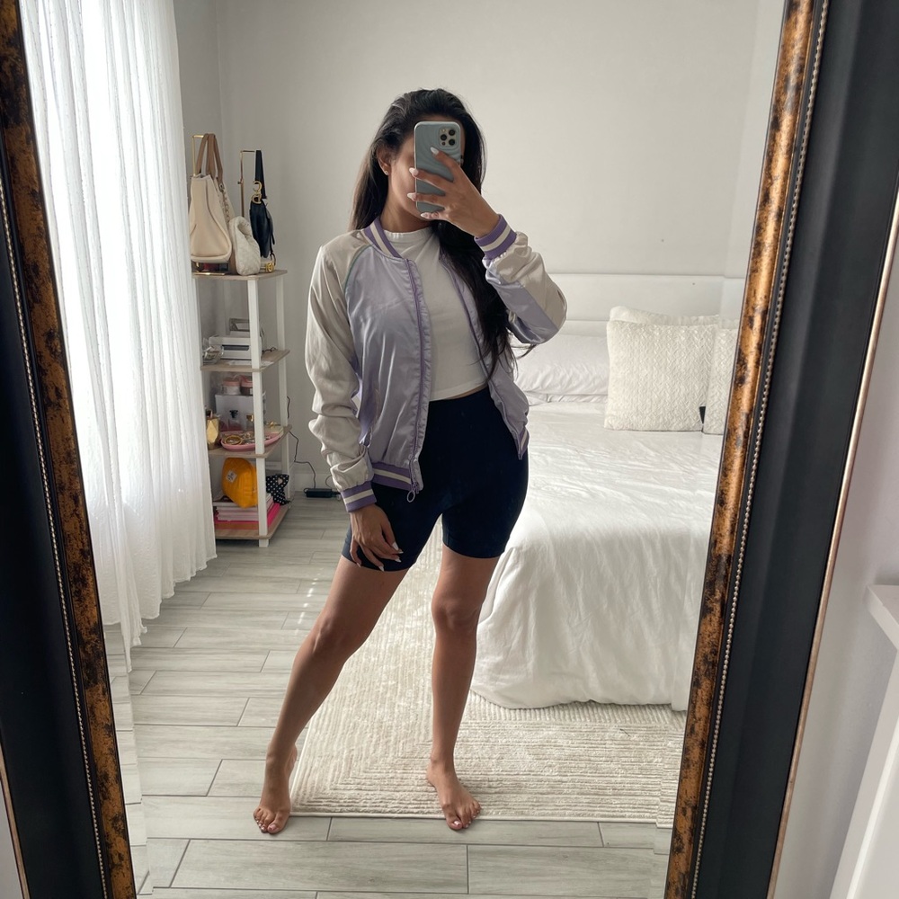 H&M Girls Miami Satin Bomber Jacket | Lavender & Cream | Size 18 | Varsity Style